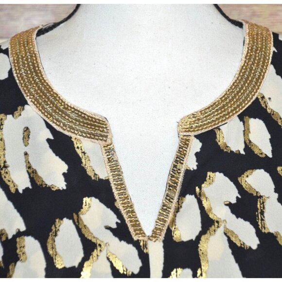 JM Collection Black Print Tunic 3/4 Sleeve V-Neck Blouse Size M Metallic Sequin - Picture 3 of 11